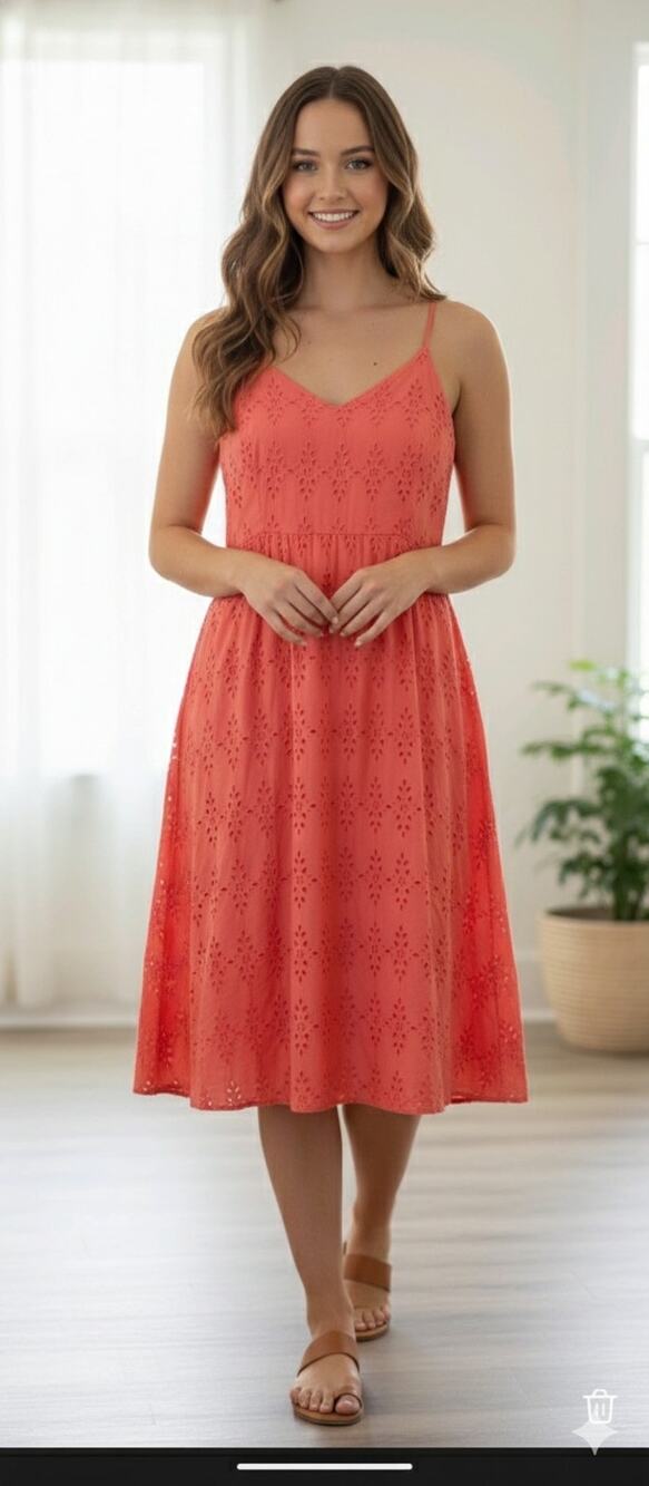 Old Navy Women's XXL Coral Tropics Pink Cotton Eyelet Midi Sundress Flare EUC